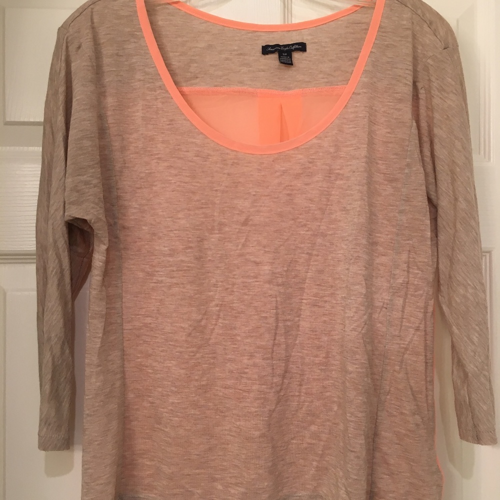Tan 3/4 Sleeve Blouse with Sheer Coral Back